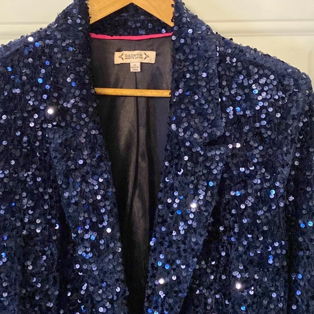 Nanette Lepore Girls’ Night Out Sapphire Blue Velvet Sequin Blazer Jacket - Picture 11 of 16
